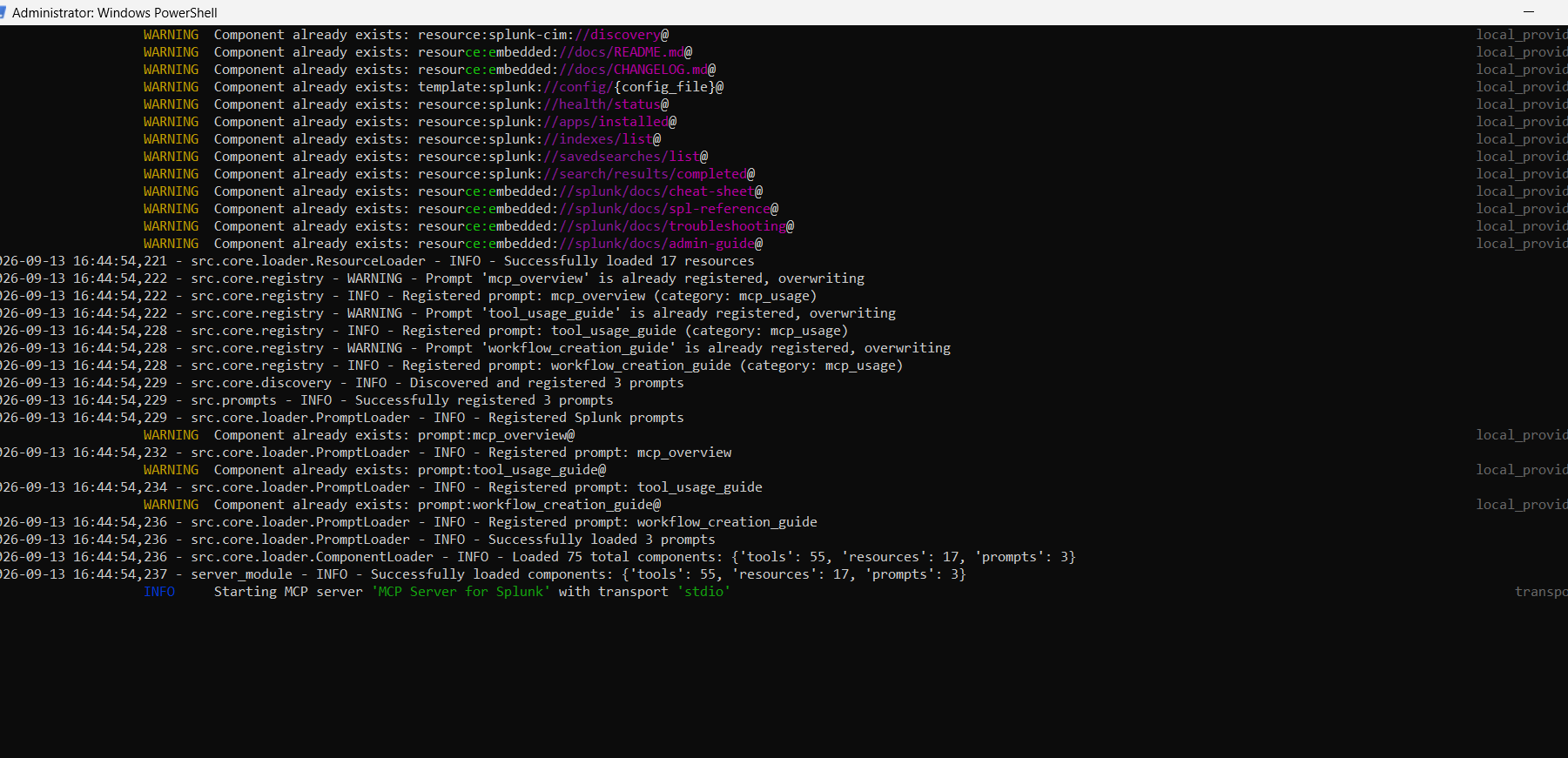 The server starting in stdio mode with 55 tools